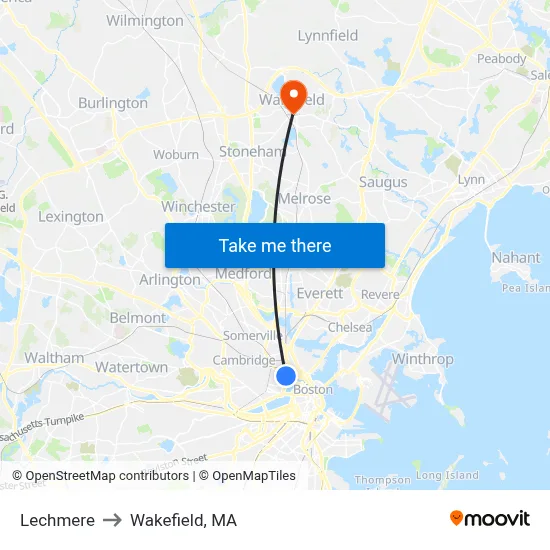 Lechmere to Wakefield, MA map