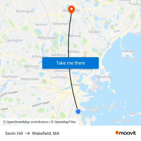 Savin Hill to Wakefield, MA map