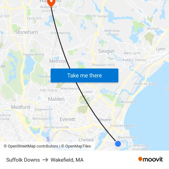 Suffolk Downs to Wakefield, MA map