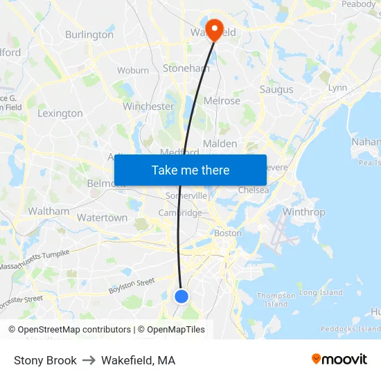 Stony Brook to Wakefield, MA map