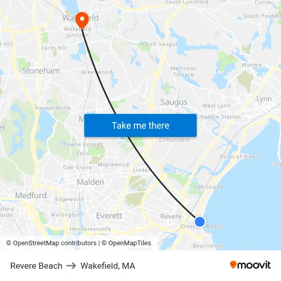 Revere Beach to Wakefield, MA map