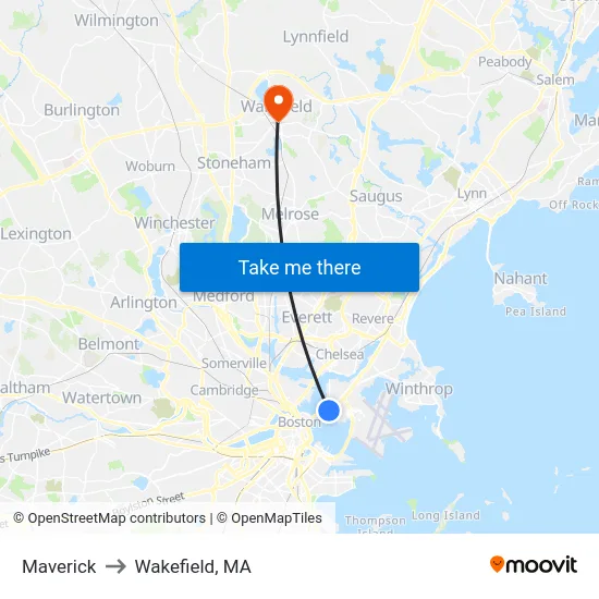 Maverick to Wakefield, MA map