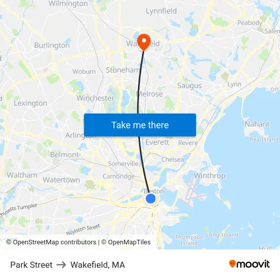 Park Street to Wakefield, MA map