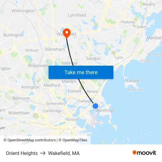 Orient Heights to Wakefield, MA map