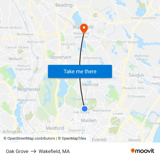 Oak Grove to Wakefield, MA map