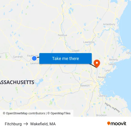 Fitchburg to Wakefield, MA map
