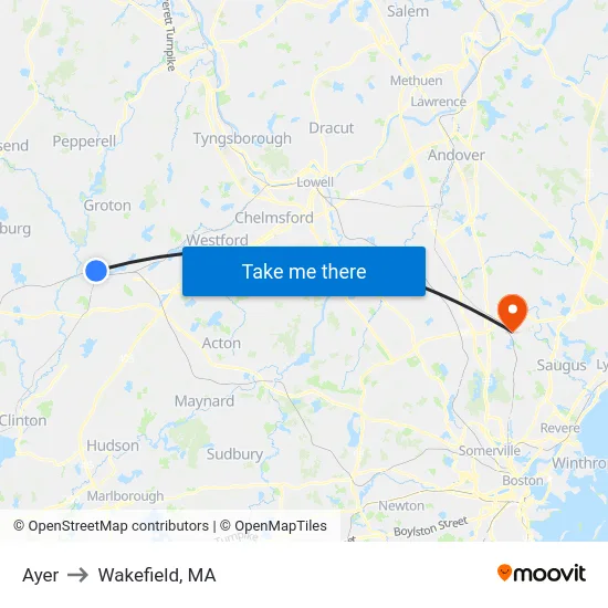 Ayer to Wakefield, MA map