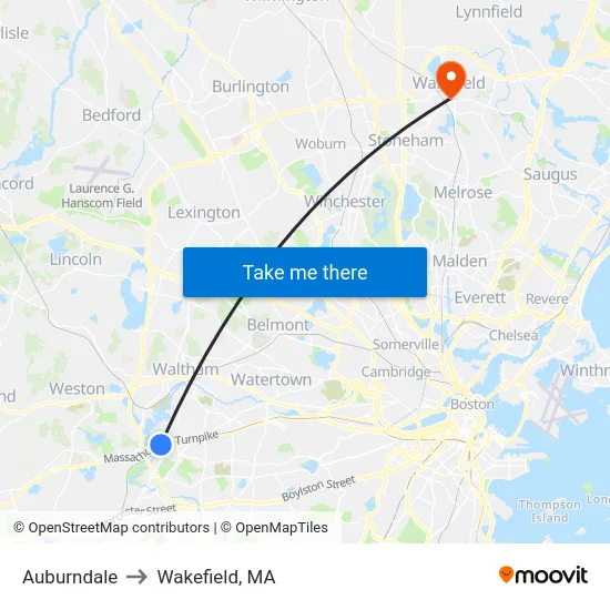 Auburndale to Wakefield, MA map