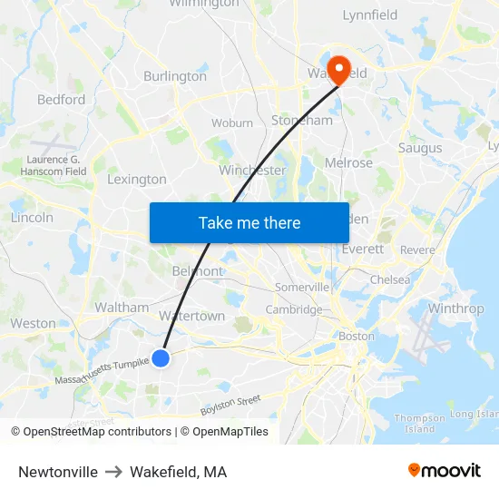 Newtonville to Wakefield, MA map