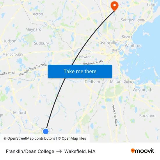 Franklin/Dean College to Wakefield, MA map