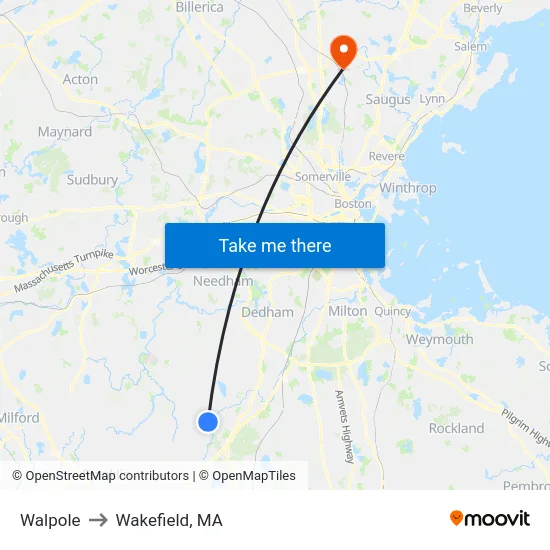 Walpole to Wakefield, MA map