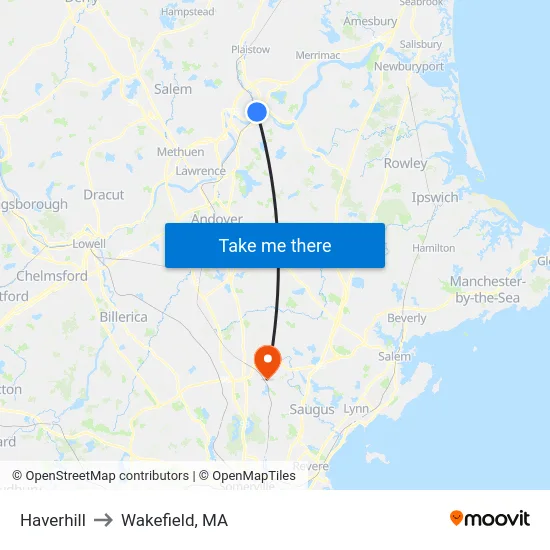 Haverhill to Wakefield, MA map