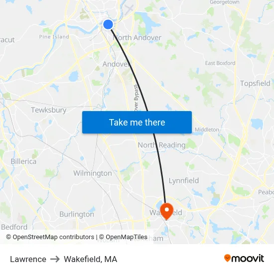 Lawrence to Wakefield, MA map