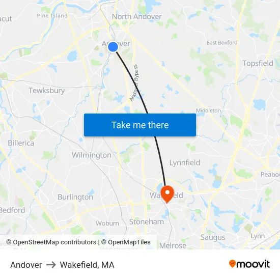 Andover to Wakefield, MA map
