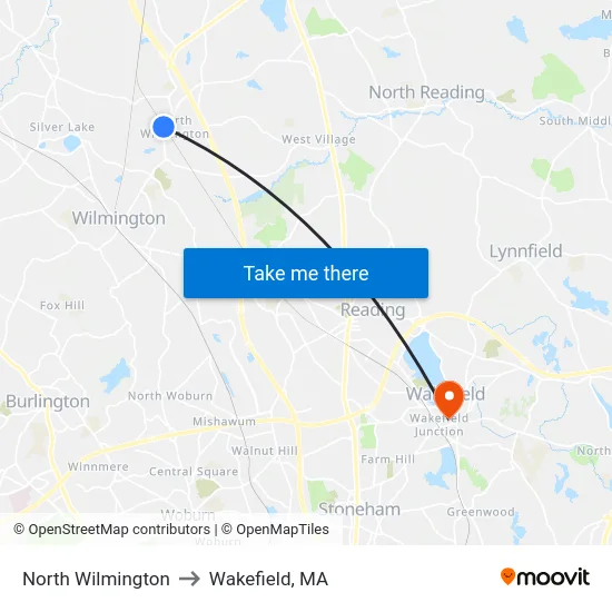 North Wilmington to Wakefield, MA map
