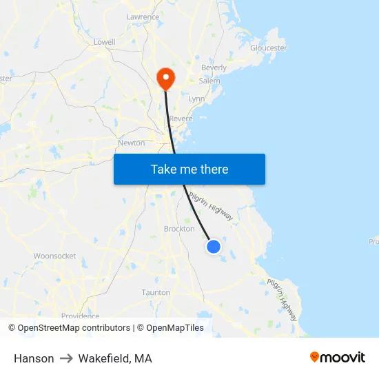 Hanson to Wakefield, MA map