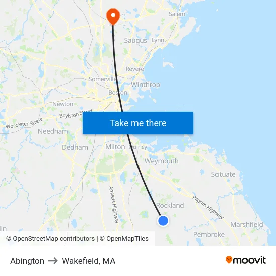 Abington to Wakefield, MA map