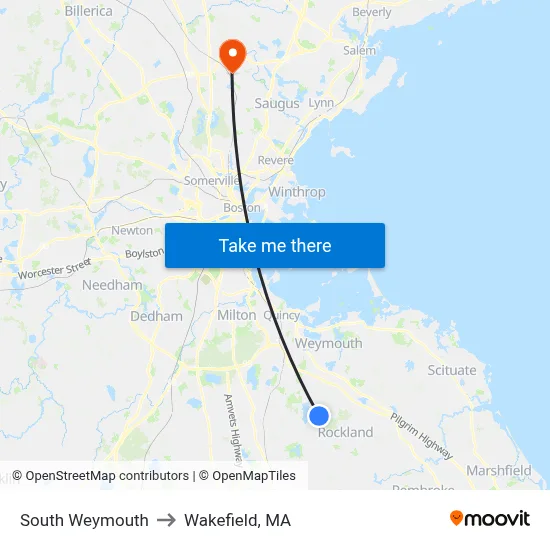 South Weymouth to Wakefield, MA map