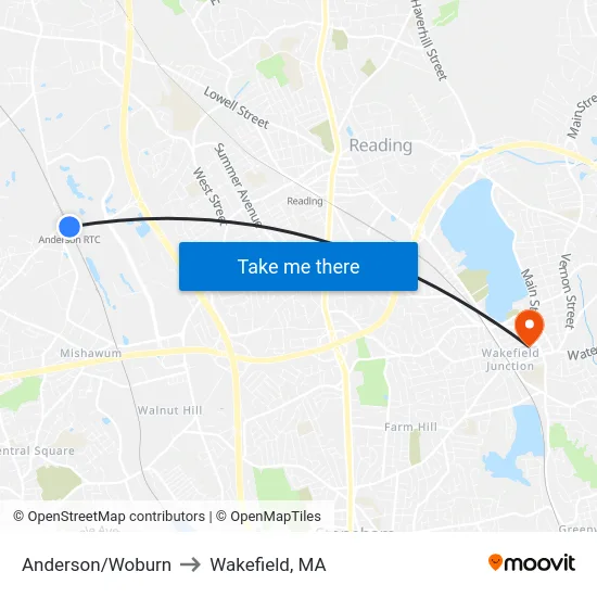 Anderson/Woburn to Wakefield, MA map