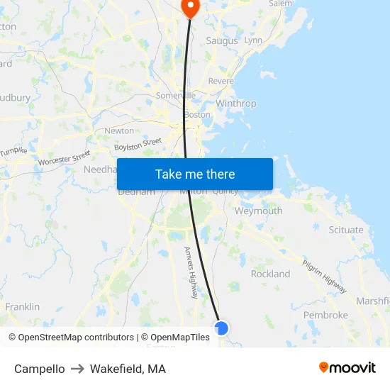 Campello to Wakefield, MA map