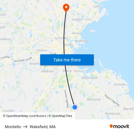 Montello to Wakefield, MA map