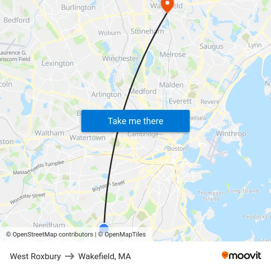 West Roxbury to Wakefield, MA map
