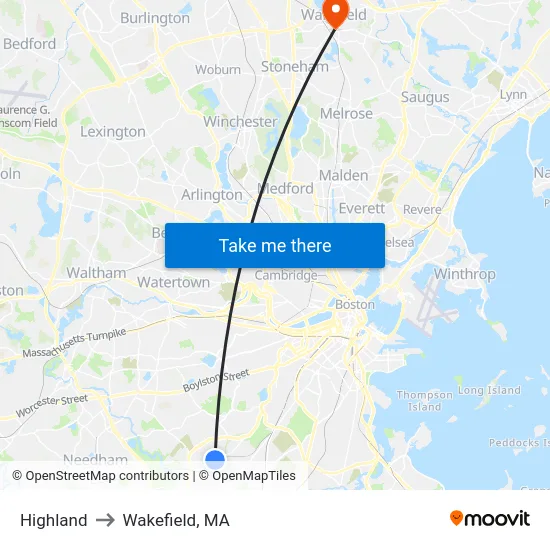 Highland to Wakefield, MA map