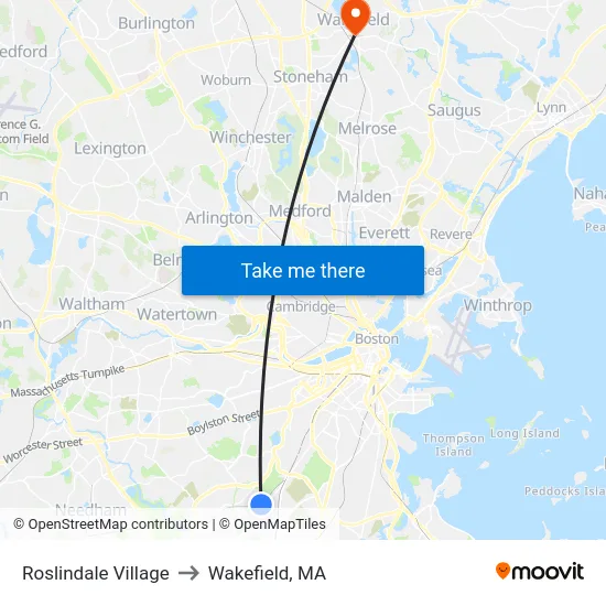 Roslindale Village to Wakefield, MA map