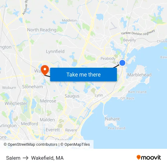 Salem to Wakefield, MA map