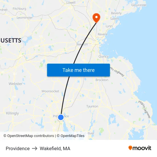 Providence to Wakefield, MA map