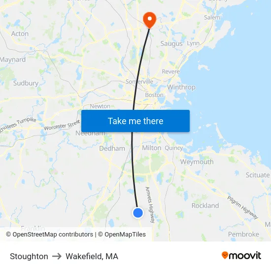 Stoughton to Wakefield, MA map