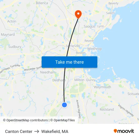 Canton Center to Wakefield, MA map
