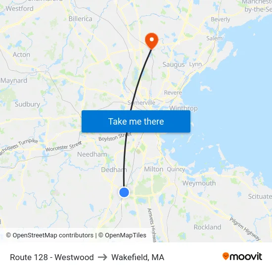 Route 128 - Westwood to Wakefield, MA map