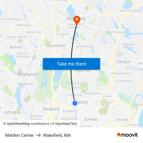 Malden Center to Wakefield, MA map