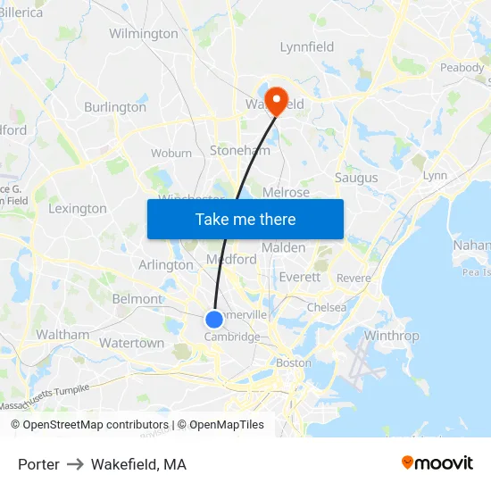 Porter to Wakefield, MA map