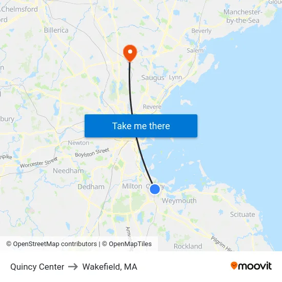 Quincy Center to Wakefield, MA map