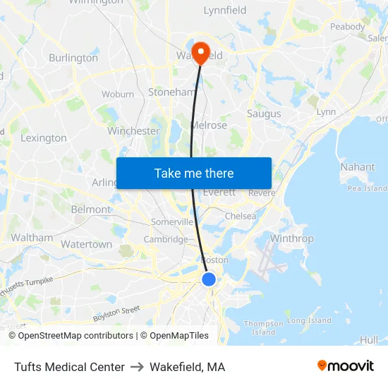 Tufts Medical Center to Wakefield, MA map