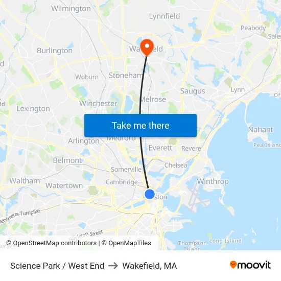 Science Park / West End to Wakefield, MA map