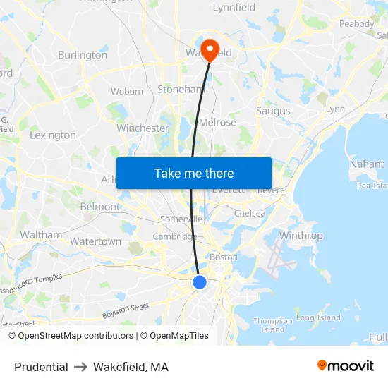 Prudential to Wakefield, MA map
