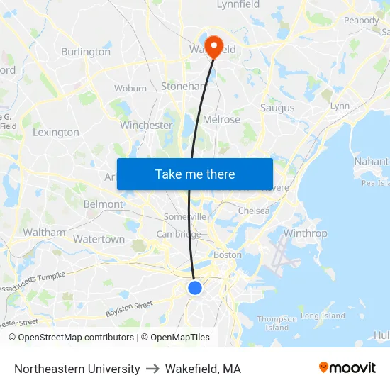 Northeastern University to Wakefield, MA map