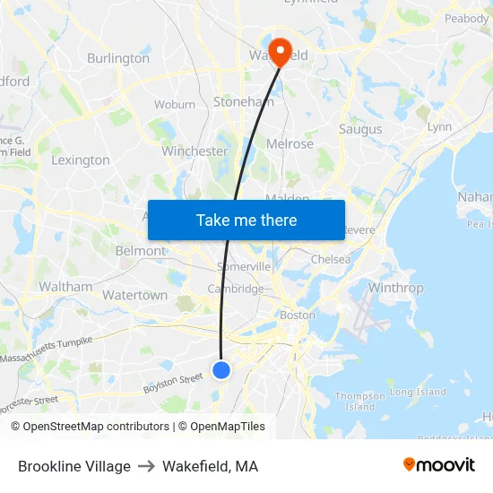 Brookline Village to Wakefield, MA map