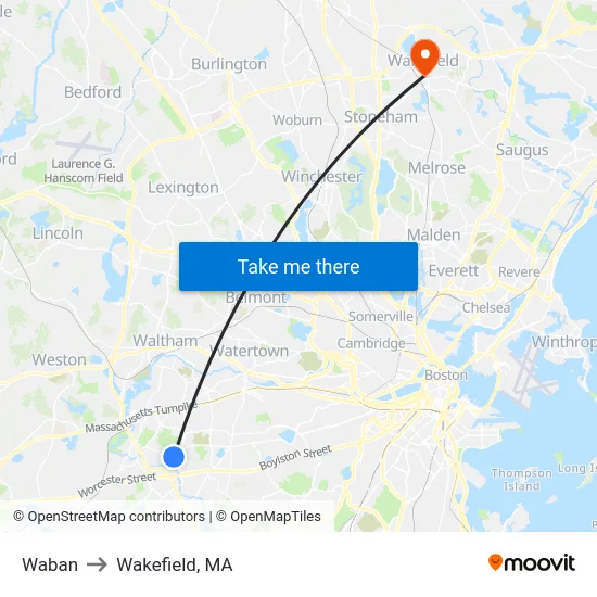 Waban to Wakefield, MA map
