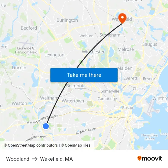 Woodland to Wakefield, MA map