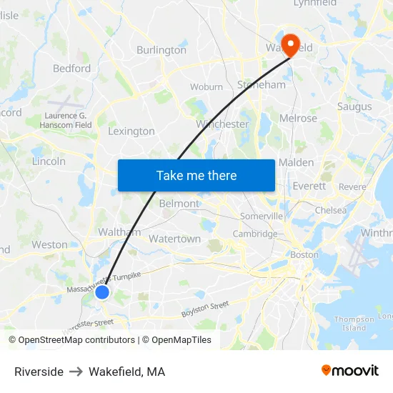Riverside to Wakefield, MA map