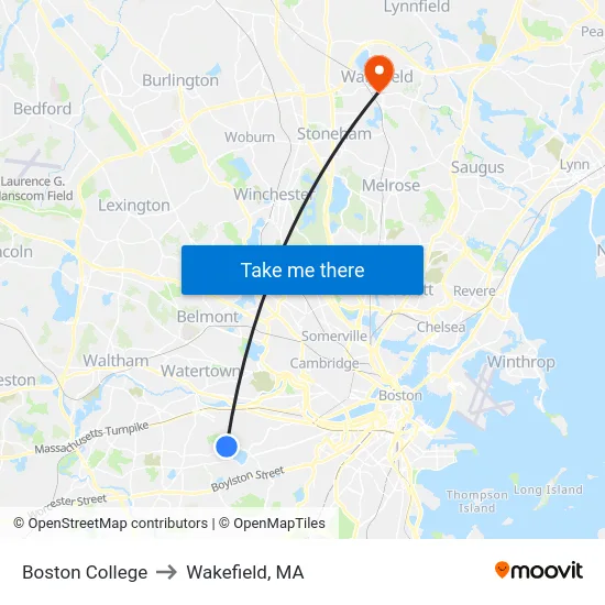 Boston College to Wakefield, MA map