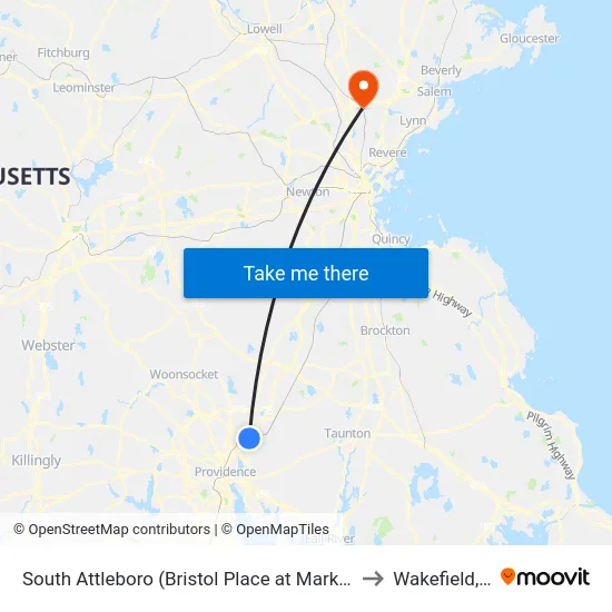 South Attleboro (Bristol Place at Market Basket) to Wakefield, MA map