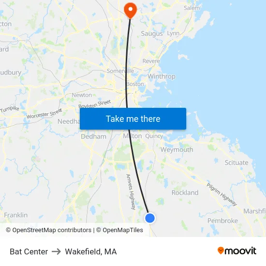 Bat Center to Wakefield, MA map