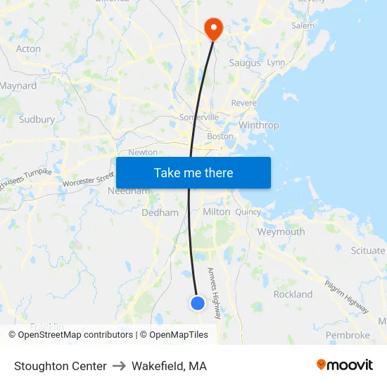 Stoughton Center to Wakefield, MA map