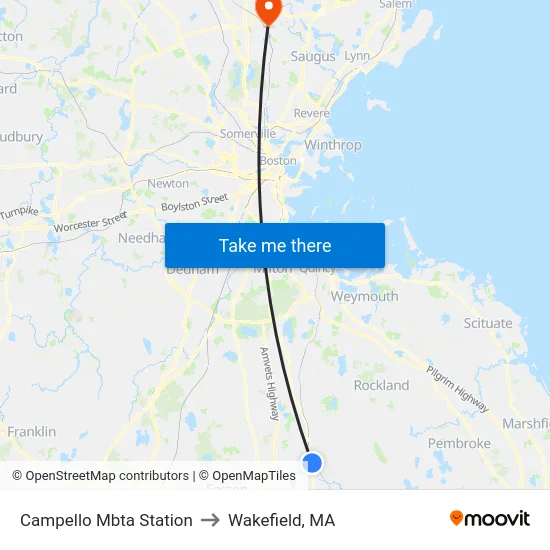 Campello Mbta Station to Wakefield, MA map