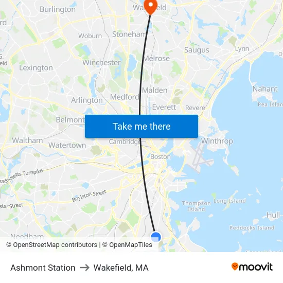 Ashmont Station to Wakefield, MA map